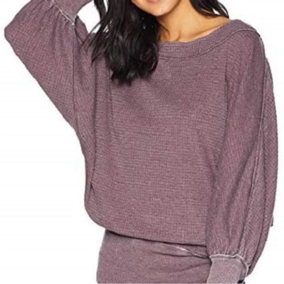 FREE PEOPLE Willow Thermal Oversized Top Waffle Knit In Wine Purple Size Medium - Picture 14 of 15